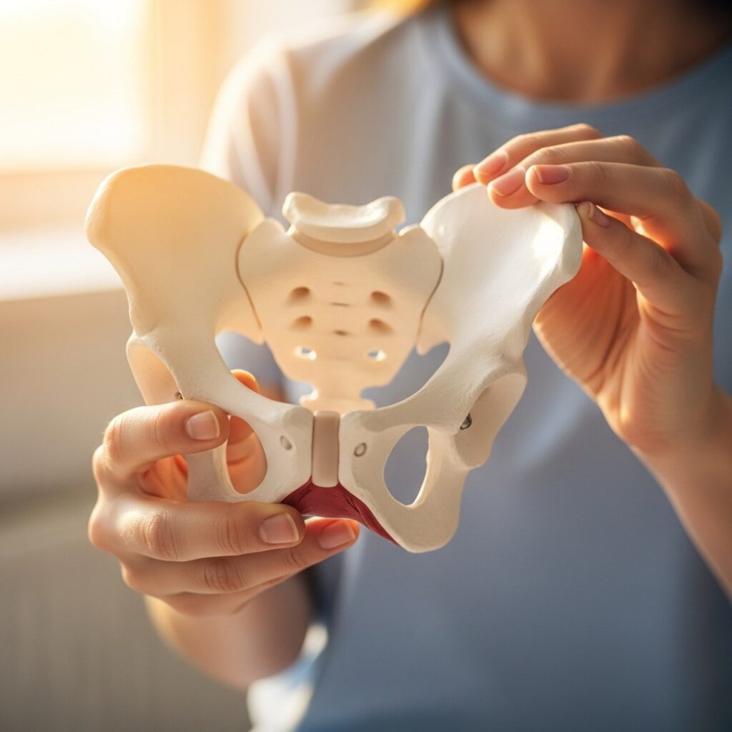 Hands holding an anatomical pelvis model in warm light